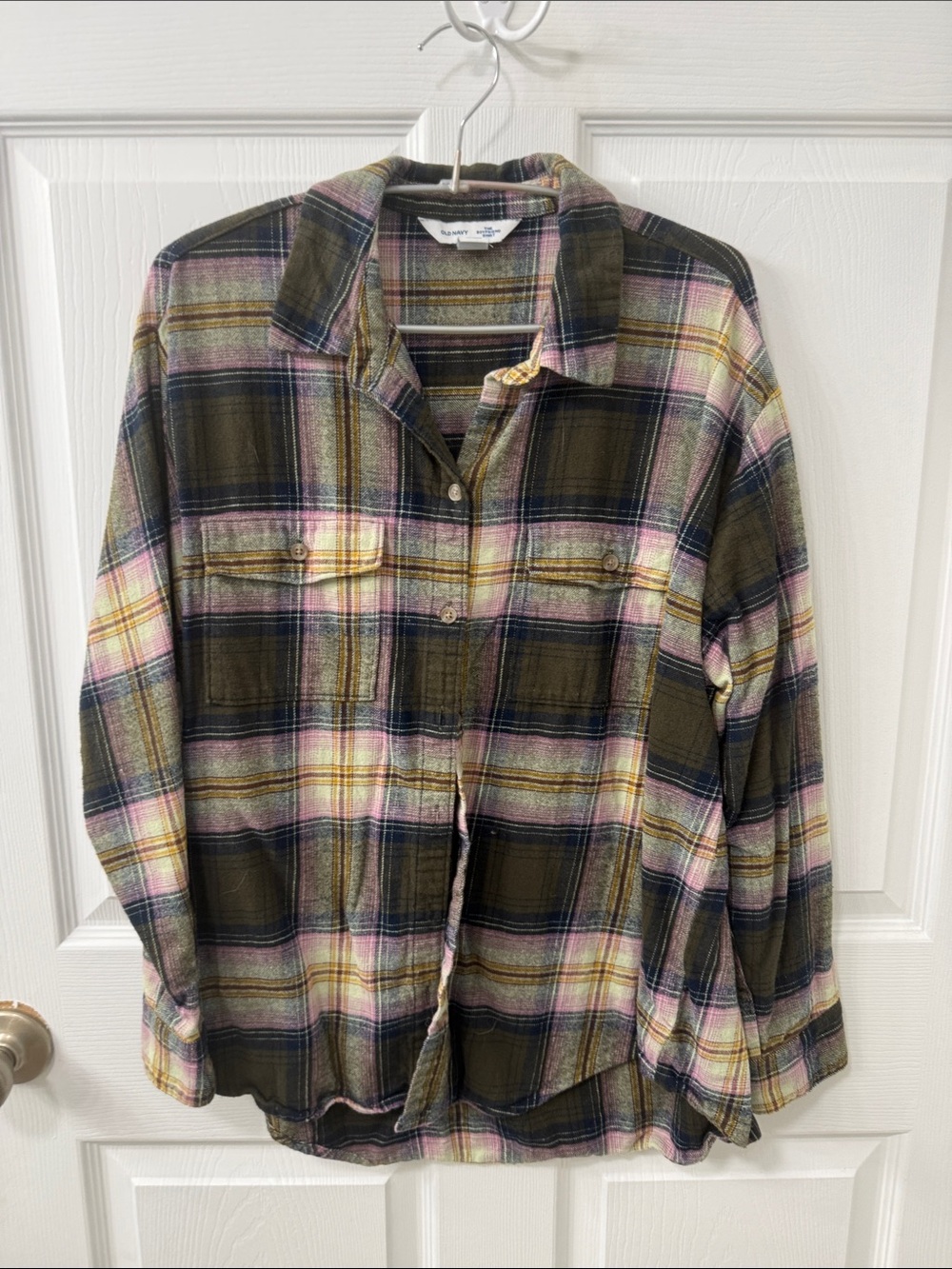 Old Navy Plaid Boyfriend Shirt in Olive, Pink & Cream